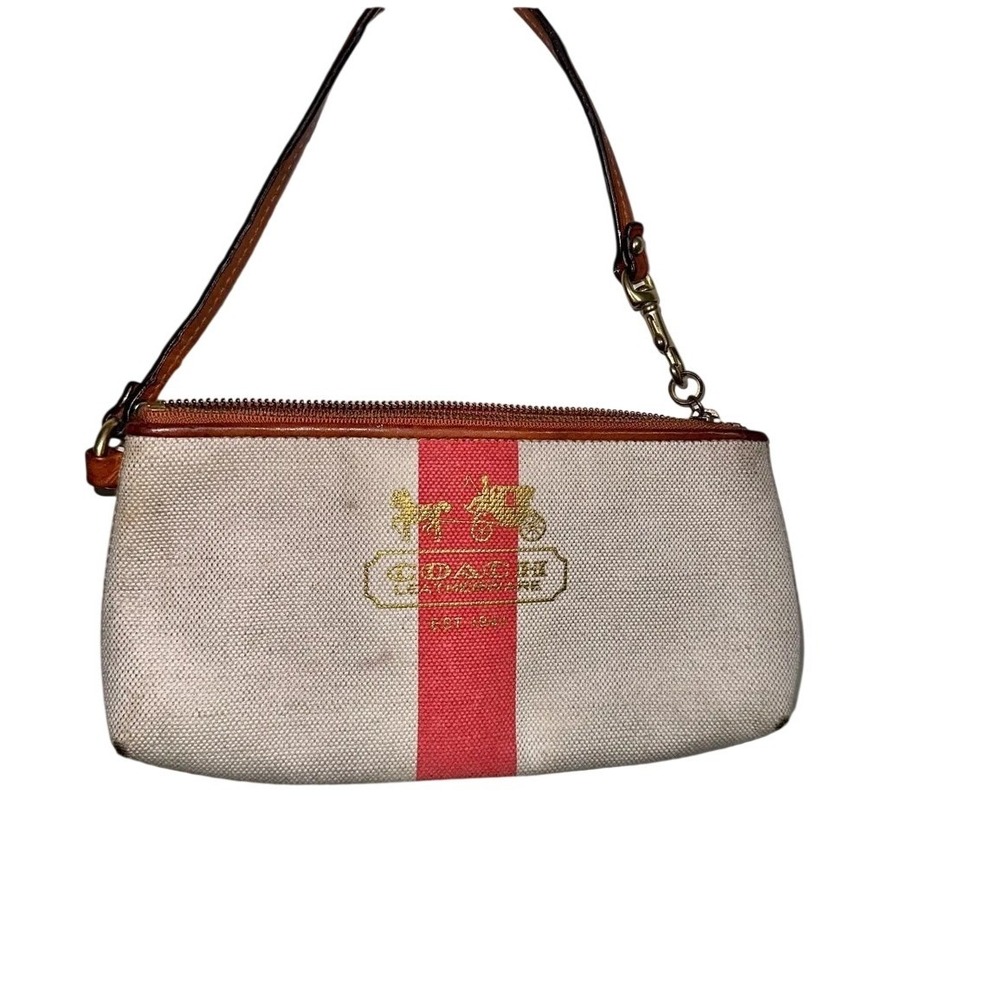 Coach Heritage Stripe Canvas Wristlet Pink Gold Horse Carriage Logo Bag